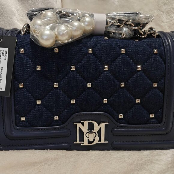Badgley Mischka Dark Denim Crossbody in Navy Blue w/ Pearl Accent - Picture 1 of 8
